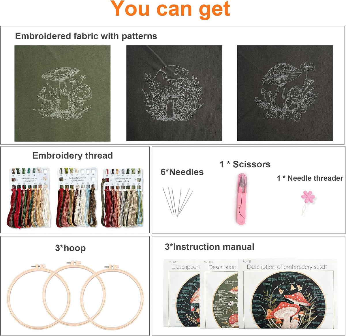 Myfelicity 3 Sets Mushroom Embroidery kit, Adult Beginner DIY Needle