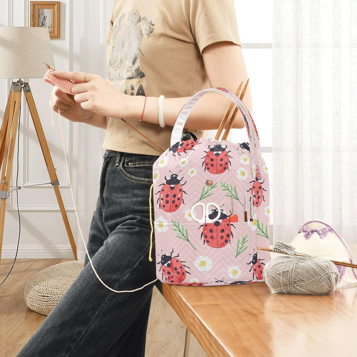 YETTASBIN Ladybugs Yarn Storage Bag, Large Crochet Knitting Bag