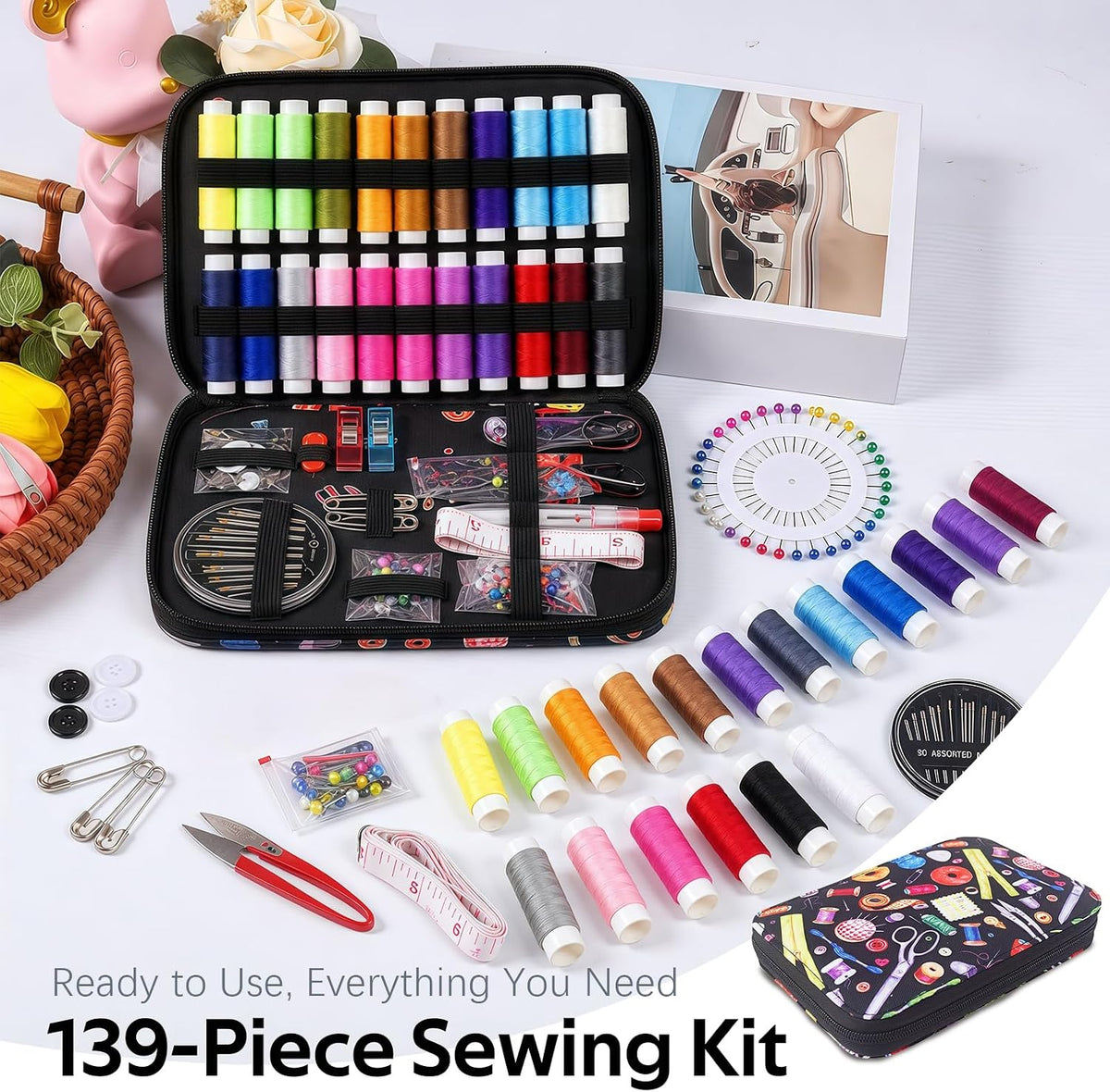 Portable Sewing Kit, 24 Color Threads, Sewing Supplies Organizer with