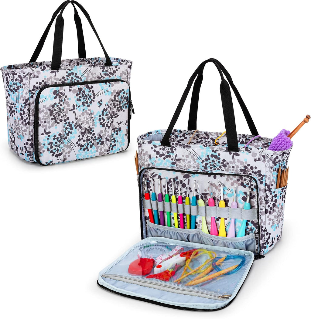 CURMIO Knitting Tote, Yarn Storage Bag with Multiple Pockets