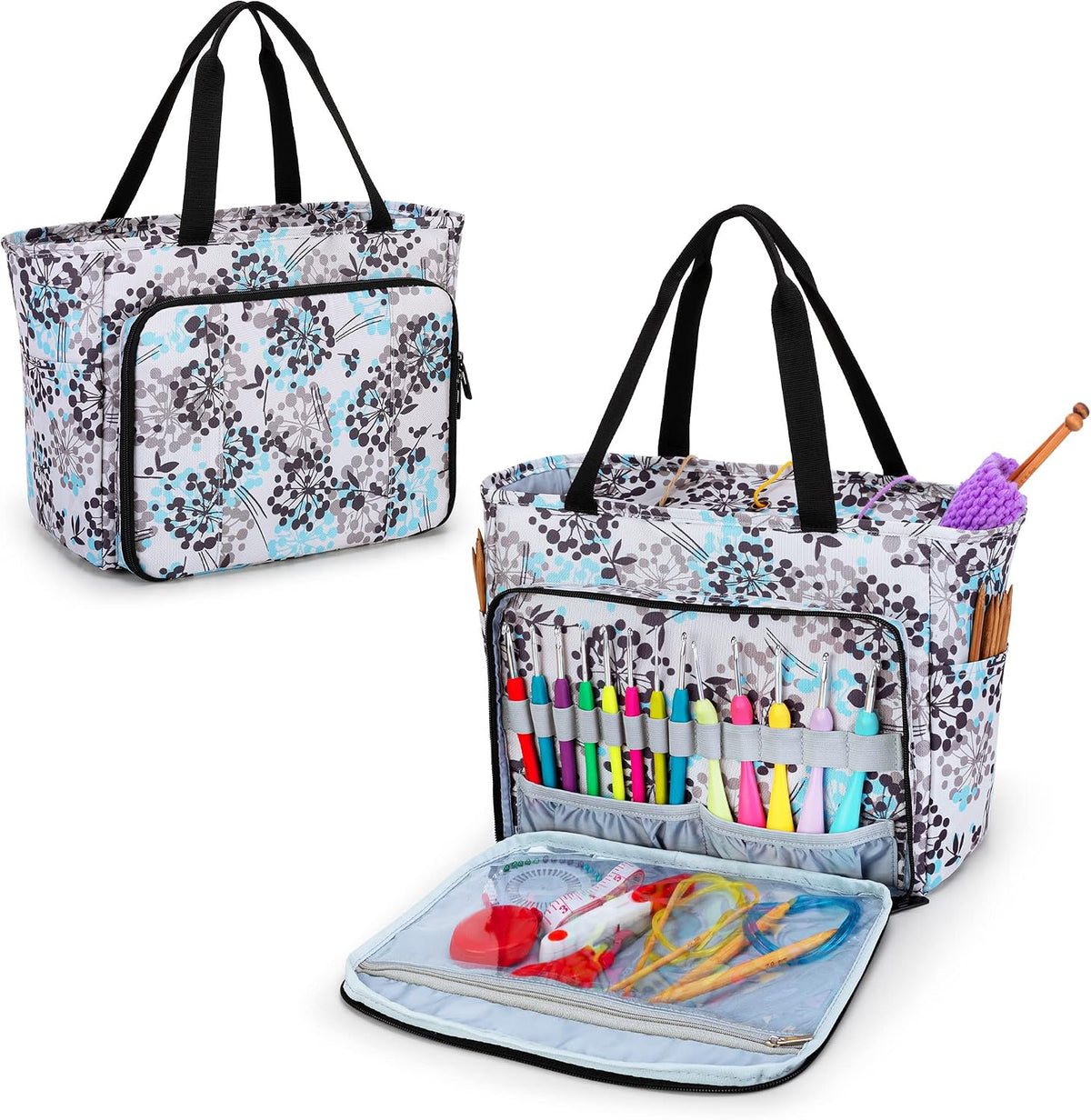 CURMIO Knitting Tote, Yarn Storage Bag with Multiple Pockets