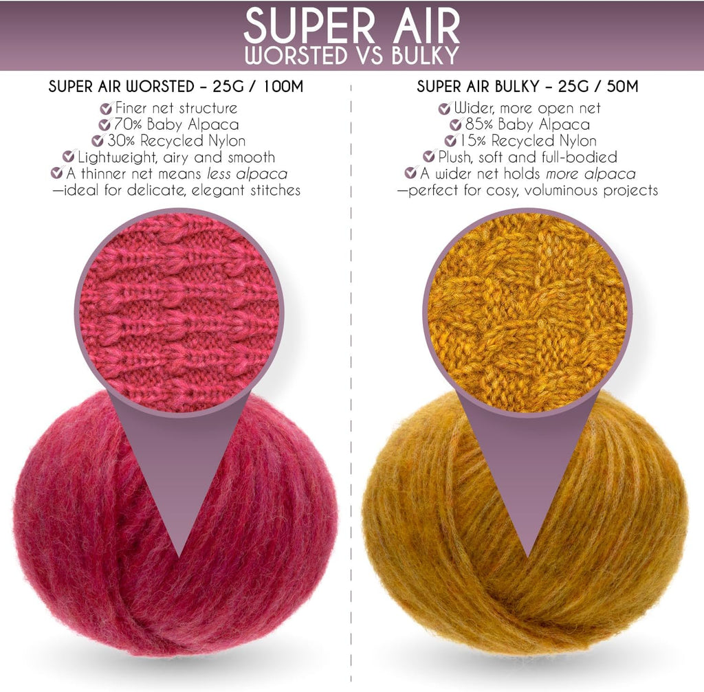 Super Air Worsted Yarn, Air-Spun Alpaca Fiber, Lightweight, 4 Skeins