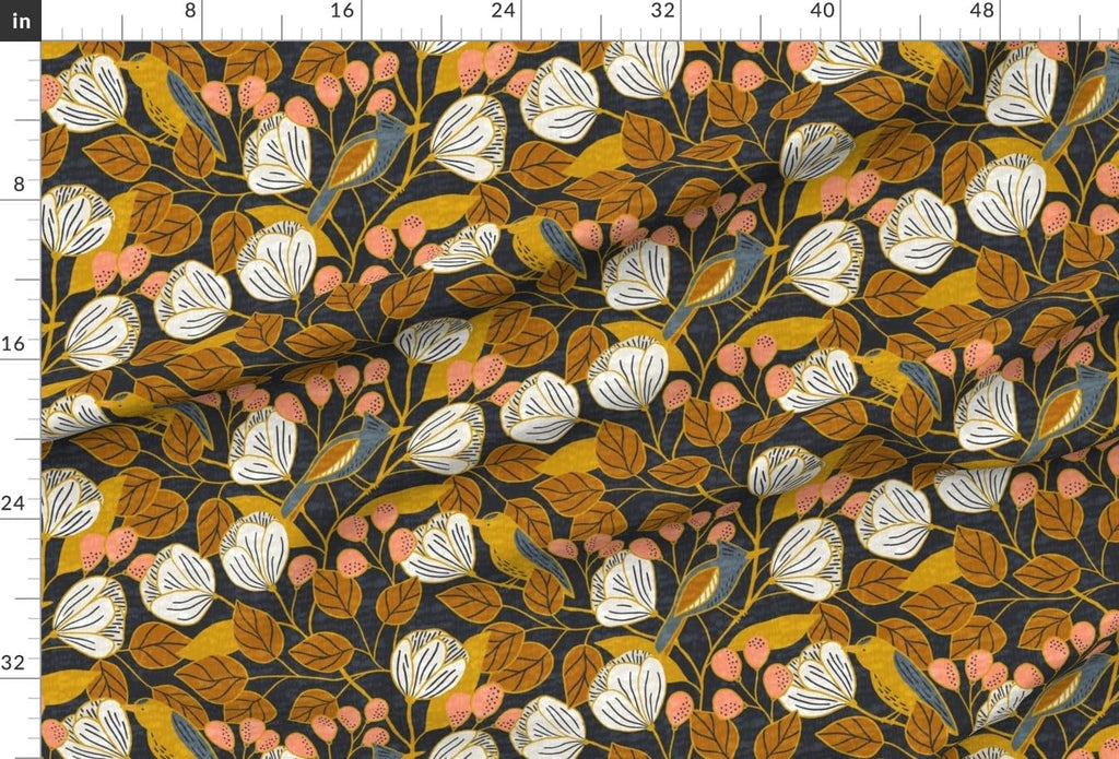 Spoonflower Fabric Dark Floral Mustard Gold on Essex Linen