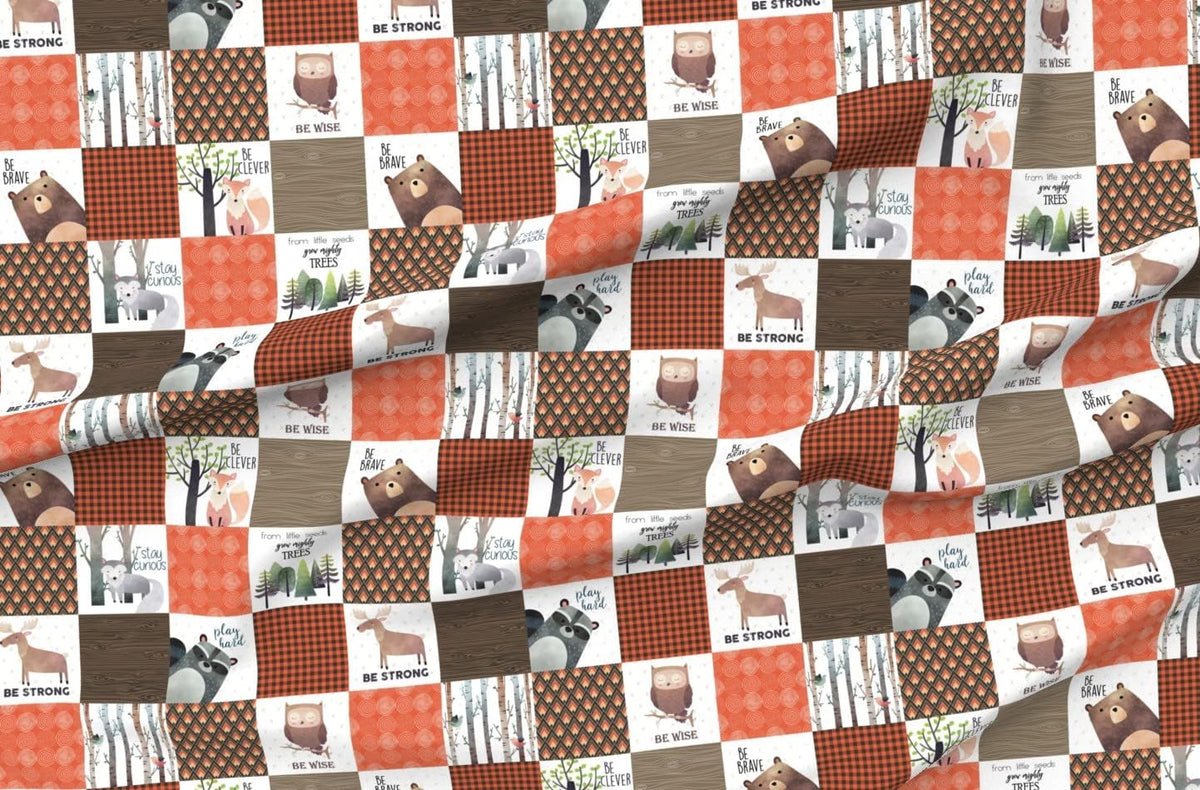 Spoonflower Fabric Woodland Patchwork Quilt Bear on Cotton Poplin