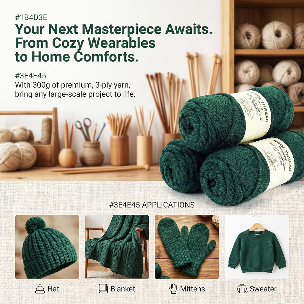 Wool Blend Yarn – 3 Skeins (300g Total), 85% Wool 15% Polyester, for