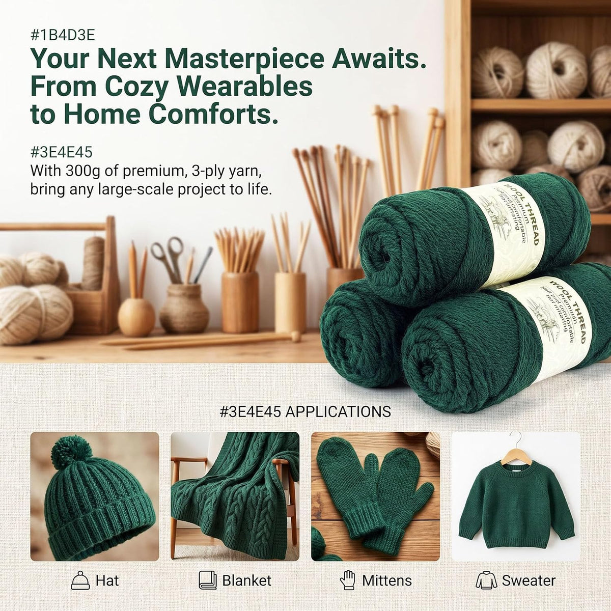 Wool Blend Yarn – 3 Skeins (300g Total), 85% Wool 15% Polyester, for