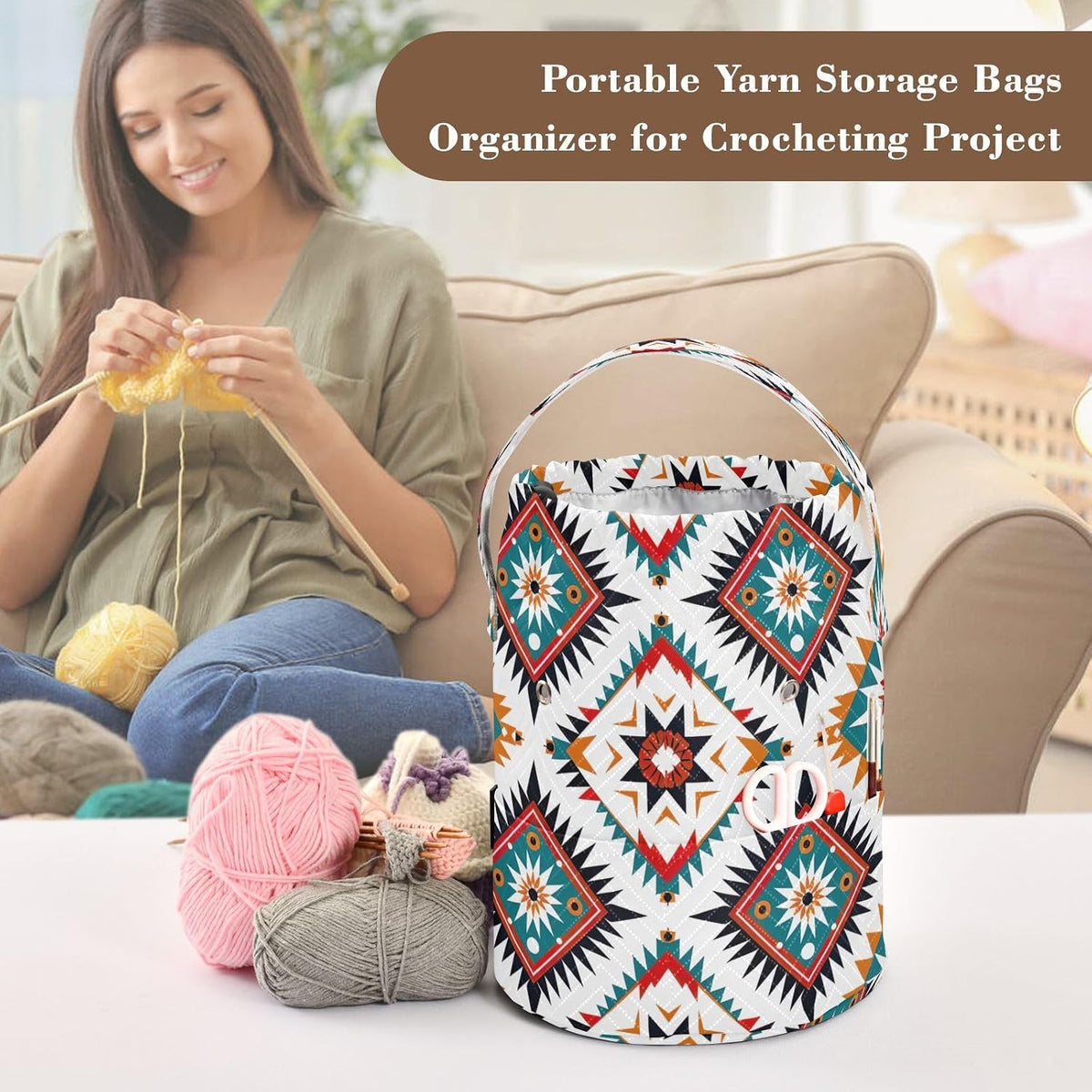 YETTASBIN Aztec Yarn Storage Bag, Large Crochet Knitting Bag Organizer
