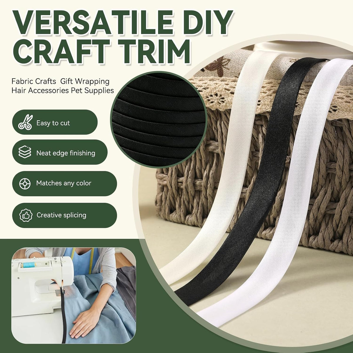 55 Yds 1/2 Inch Double Fold Bias Tape for Sewing Seam Binding Black