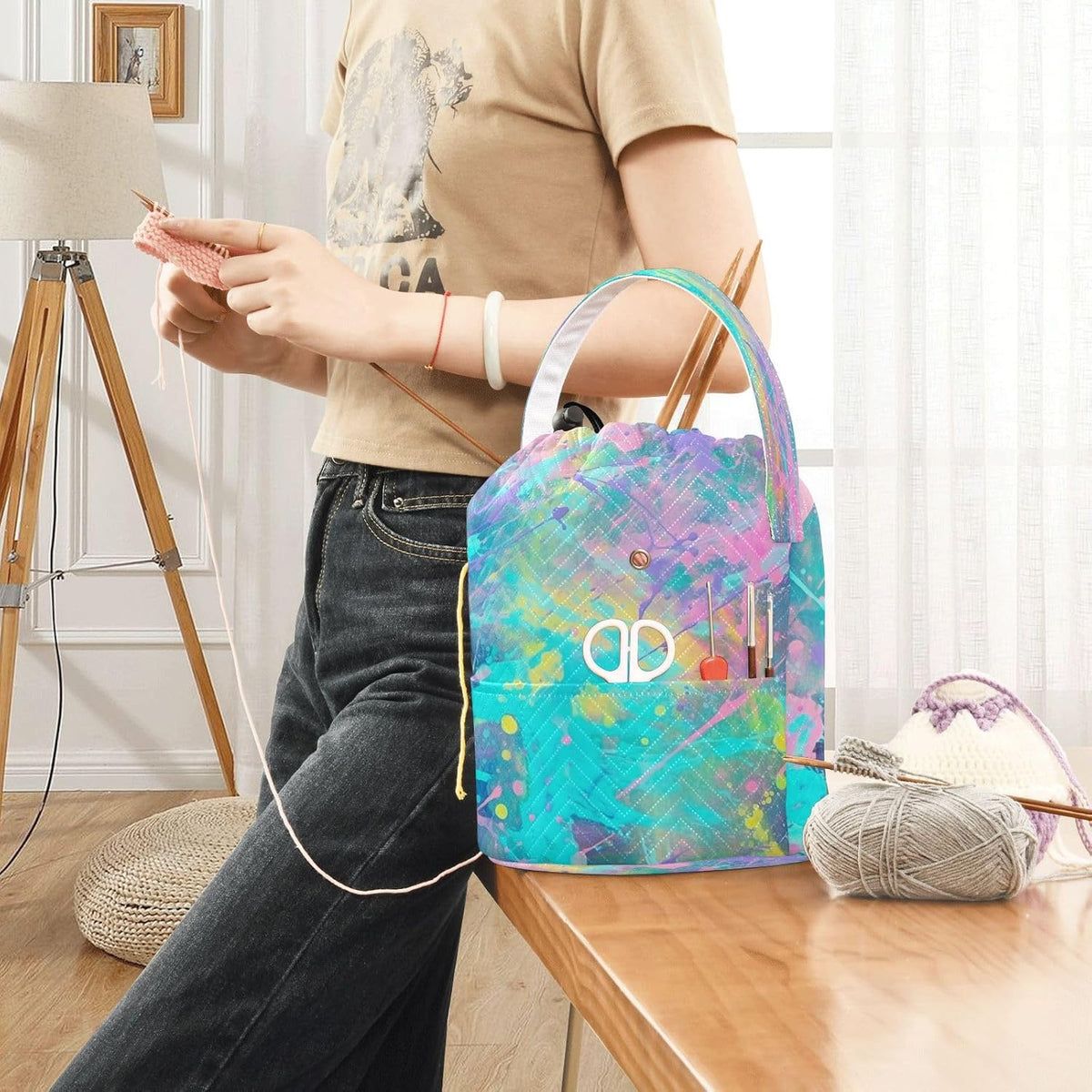 YETTASBIN Paint Splash Yarn Storage Bag, Large Crochet Knitting Bag
