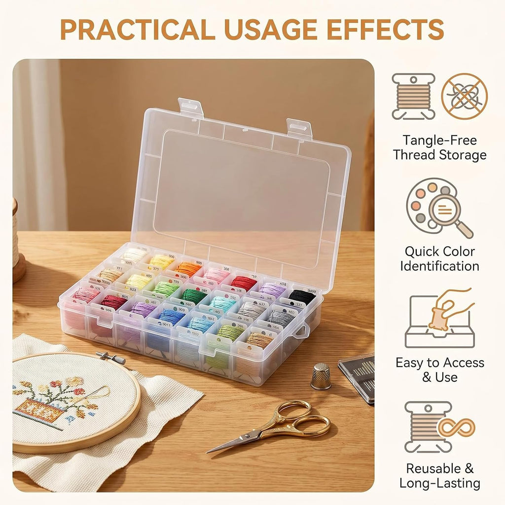 ericotry Embroidery Floss Organizer Box 24 Adjustable Grids with 50pcs