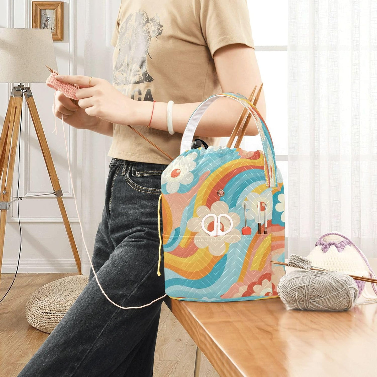 YETTASBIN Cartoon Flower Yarn Storage Bag, Large Crochet Knitting Bag