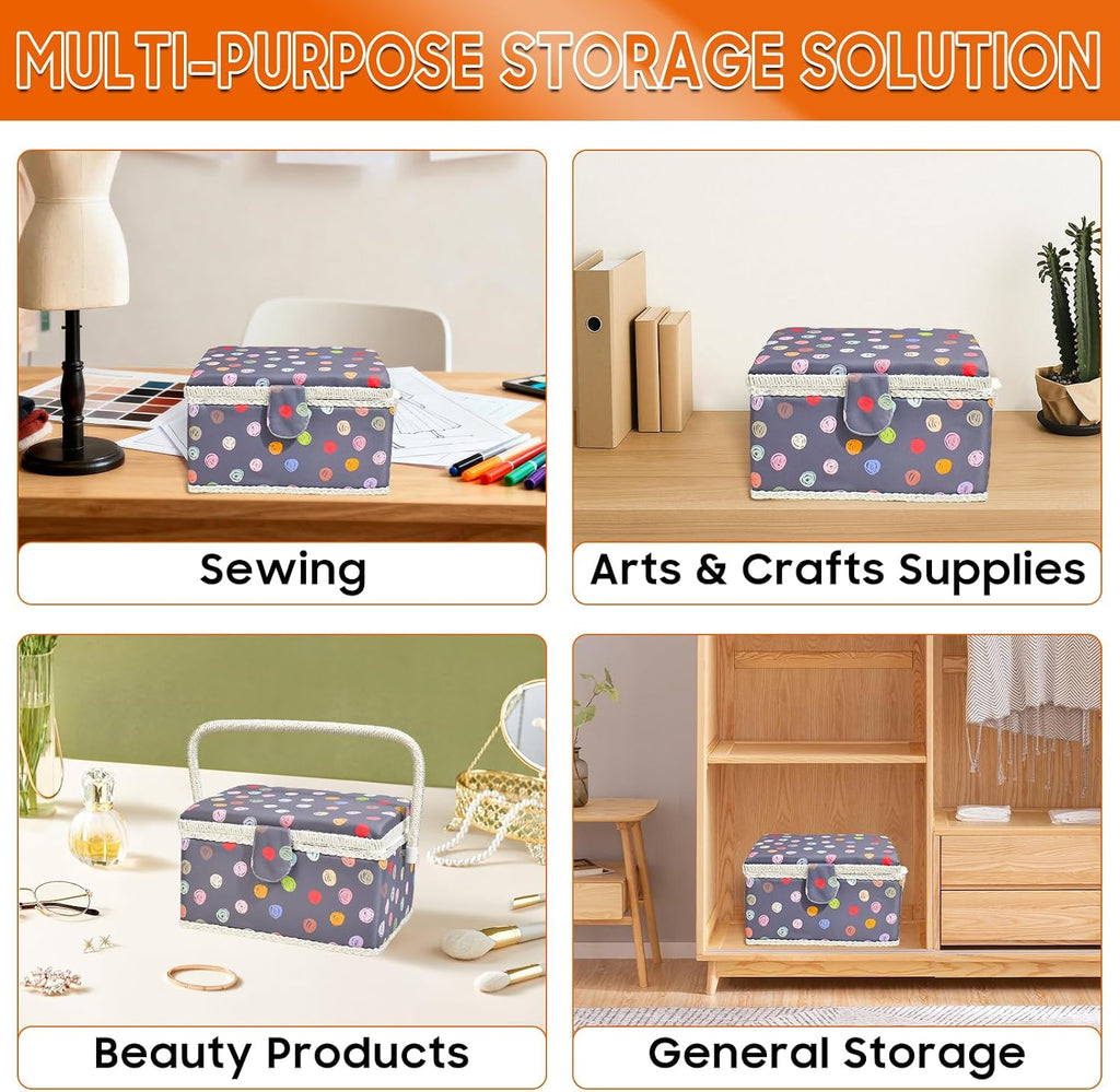 Sewing Basket with Removable Tray for Storage (Gray, Large Rectangle)