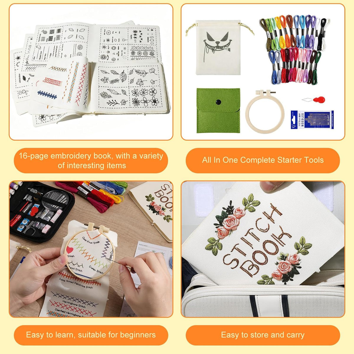 PulsePine Embroidery Stitch Book Kit with 16 Pages Practice Fabric,32