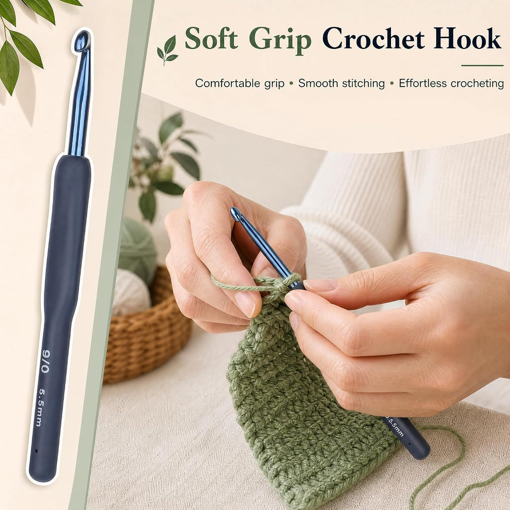 Aluminum Crochet Hook Set, 9Pcs 2.0mm-6.0mm Blue Silicone Soft Grips