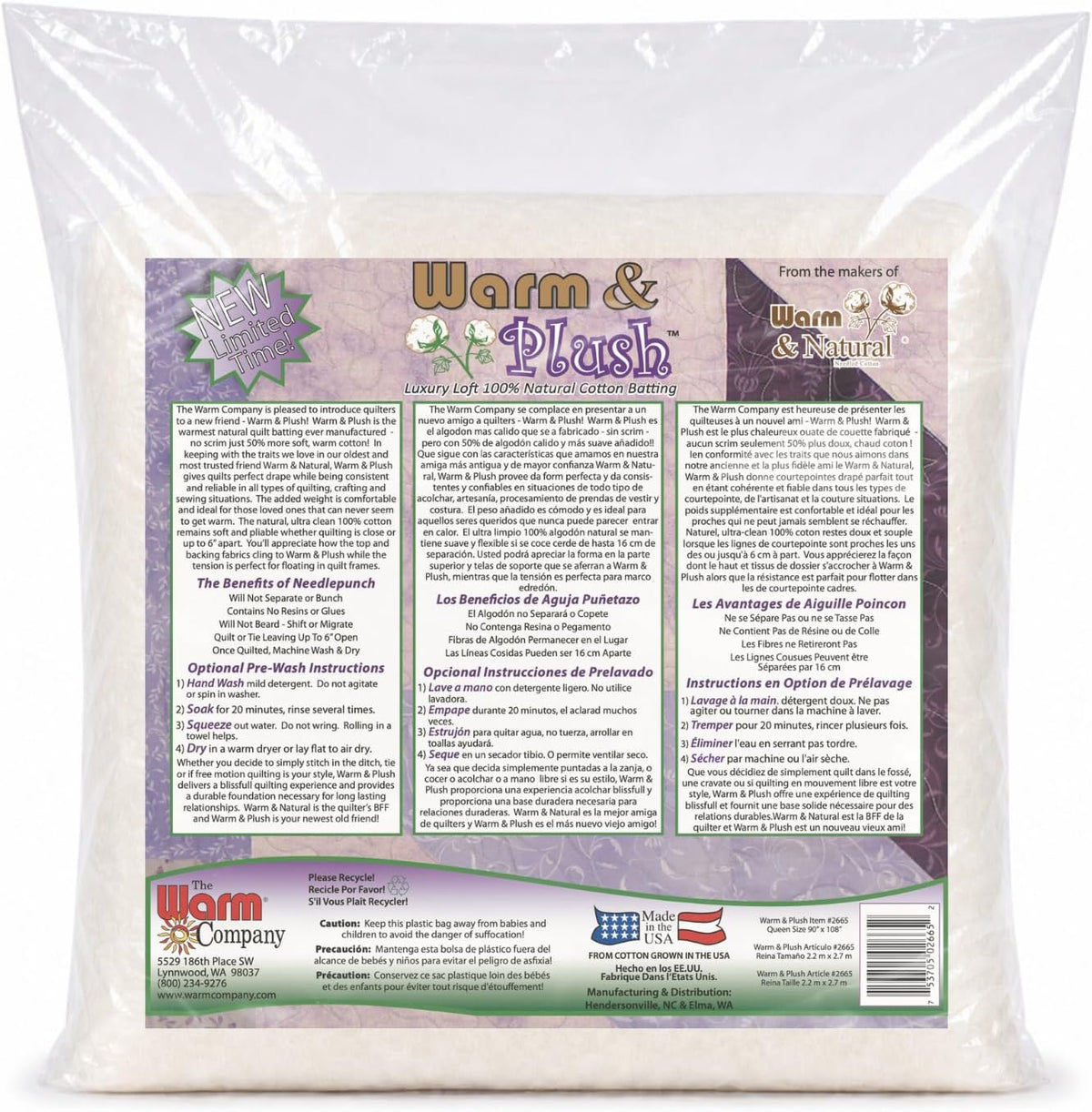 The Warm Company - Warm & Plush Cotton Batting – 4-Pack Queen Size