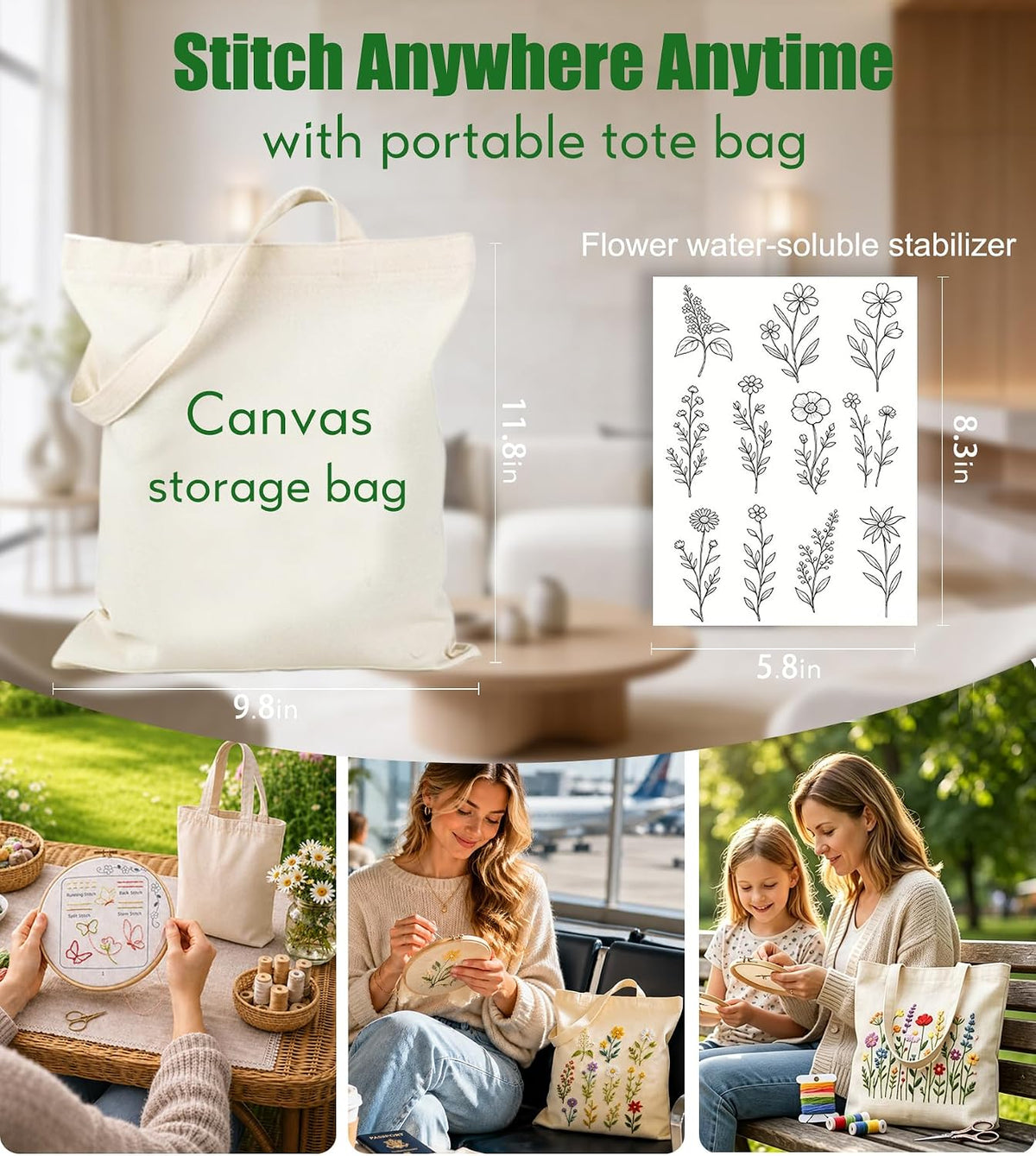 Beginner Embroidery Stitch Book Kit with Portable Canvas Bag for