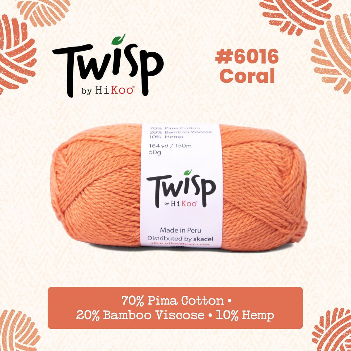 HiKoo Twisp Yarn, Cotton, Bamboo, 50g, 164 yd, #6016 Coral