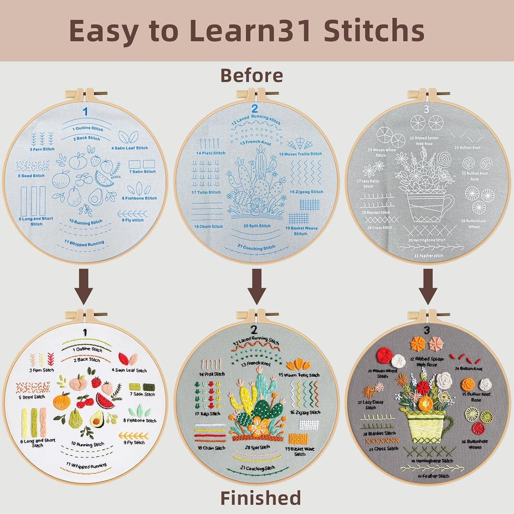 Herdiese Embroidery Kit for Beginners with 33-Stitch Practice Samplers
