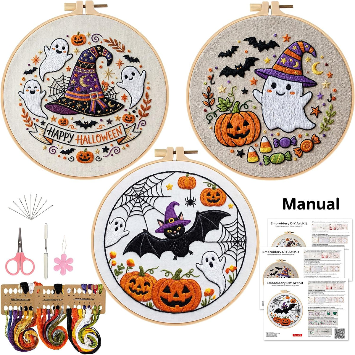 Halloween Embroidery Kit for Beginners with Pumpkin Ghost