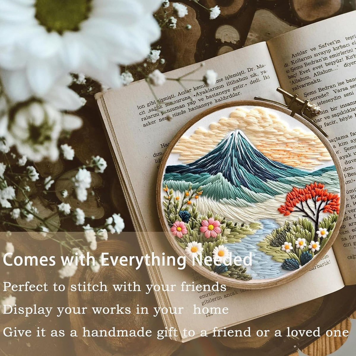 FONNUY Embroidery Kit for Beginners, Flower Hill Nature Landscape
