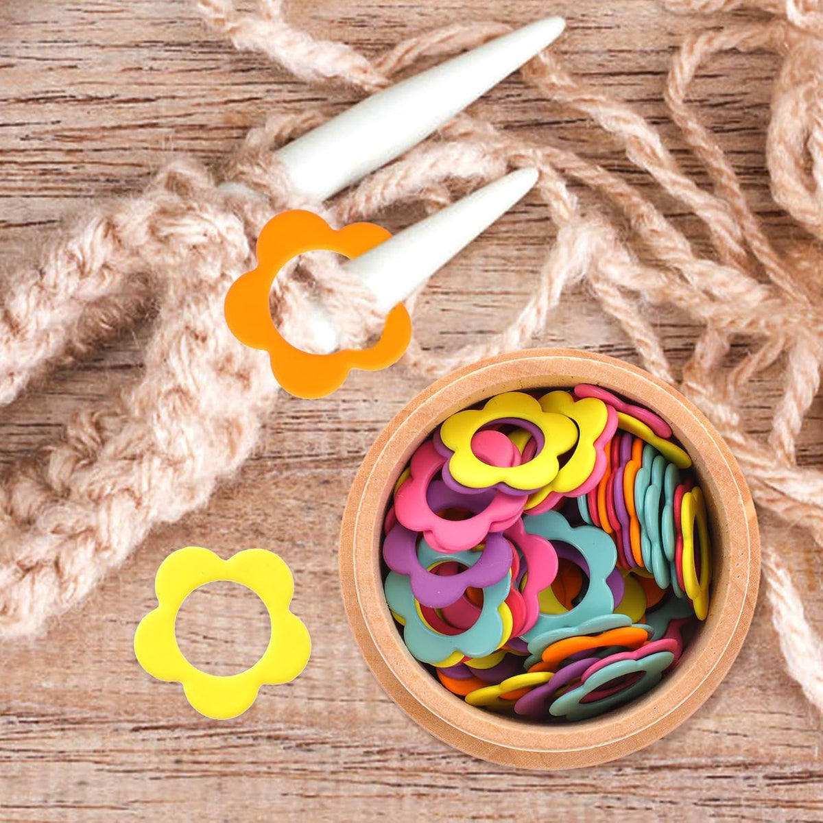 Knitting Stitch Markers Rings for DIY Crafters with Wooden Storage Box