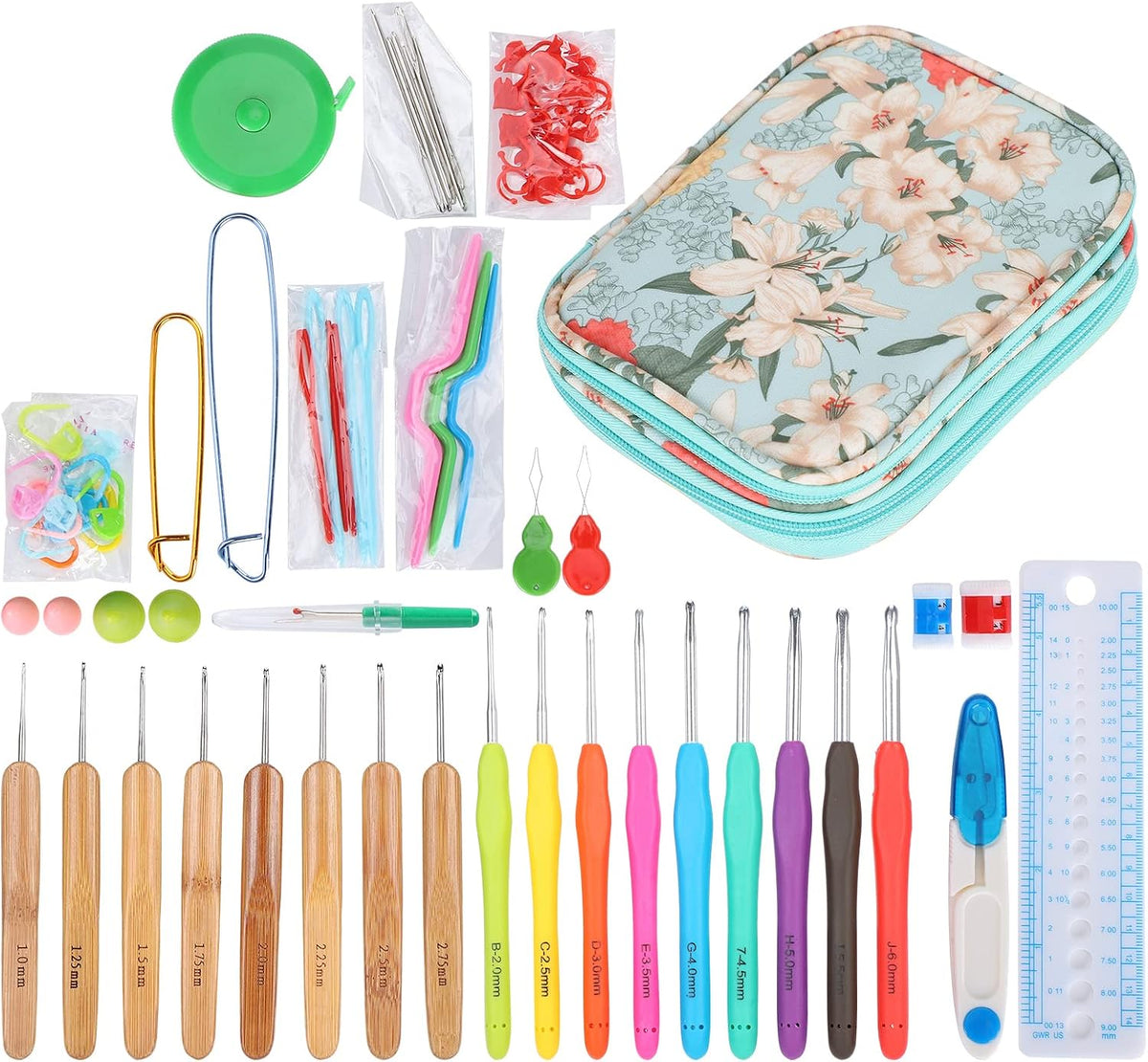 17pcs Crochet Hook Set, Soft TPR Handle Bamboo Aluminum Needles 1-6mm