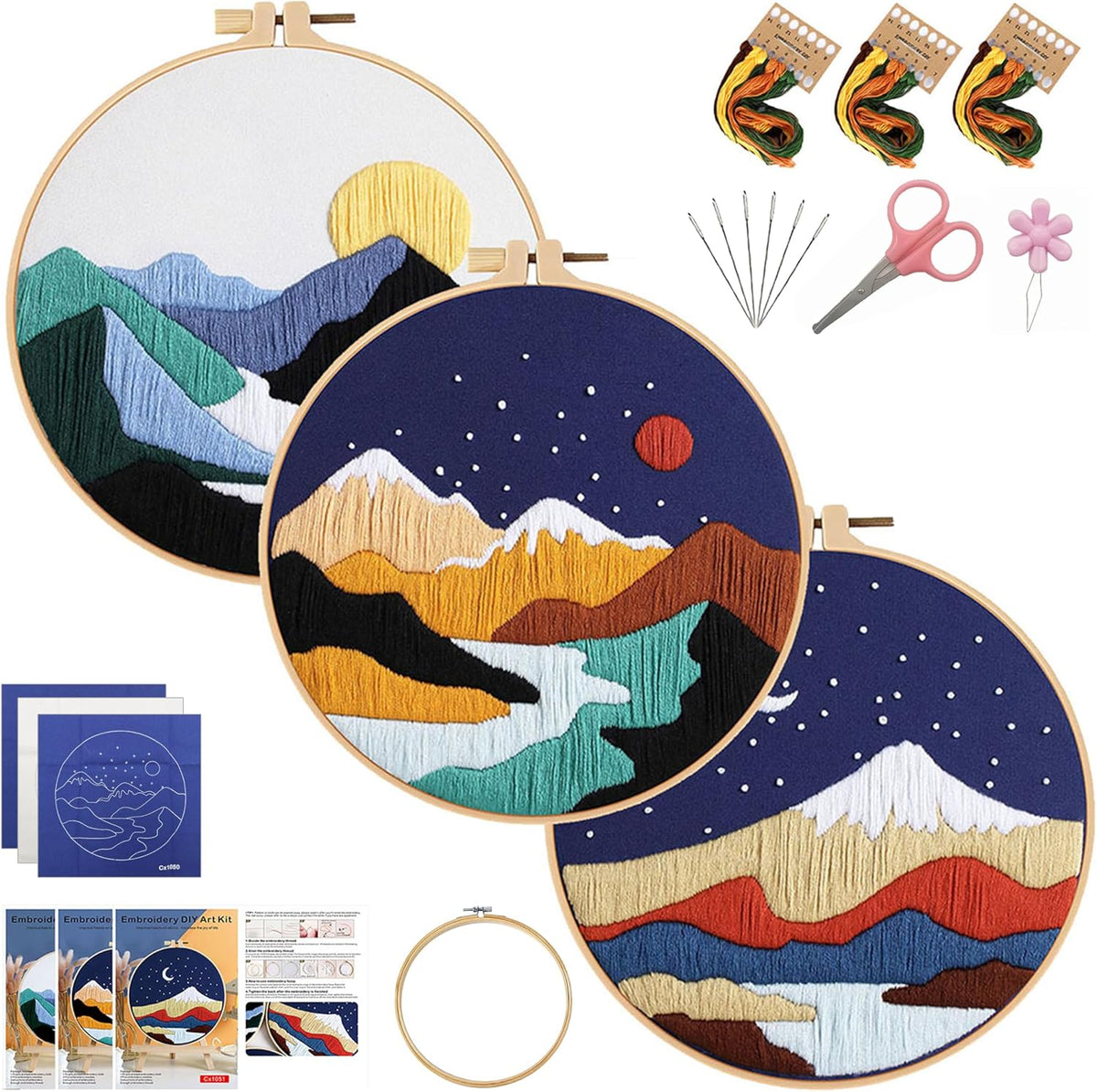 KEKEMEOW 3 Sets Embroidery Kit for Beginners, Stitches with Landscape