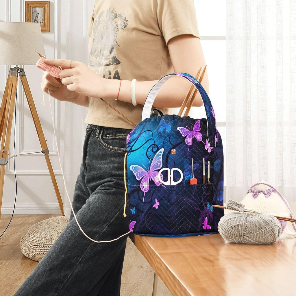 YETTASBIN Purple Blue Butterfly Yarn Storage Bag, Large Crochet