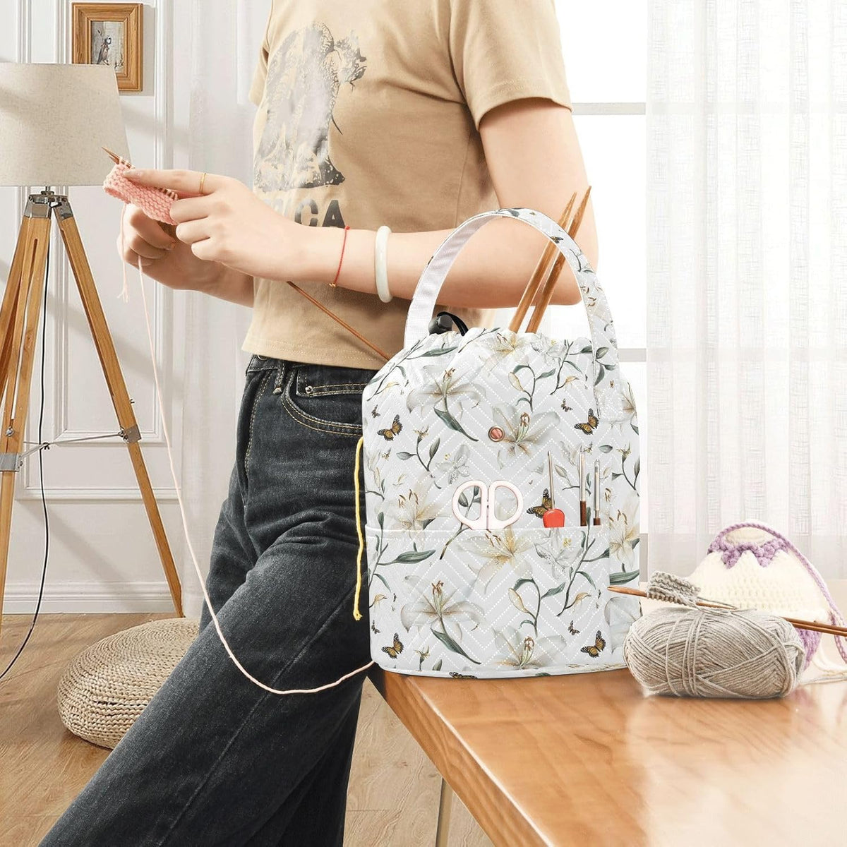 Cute Lily FLOWERs Crochet Yarn Bag Bag Yarn Storage with Holes Crochet