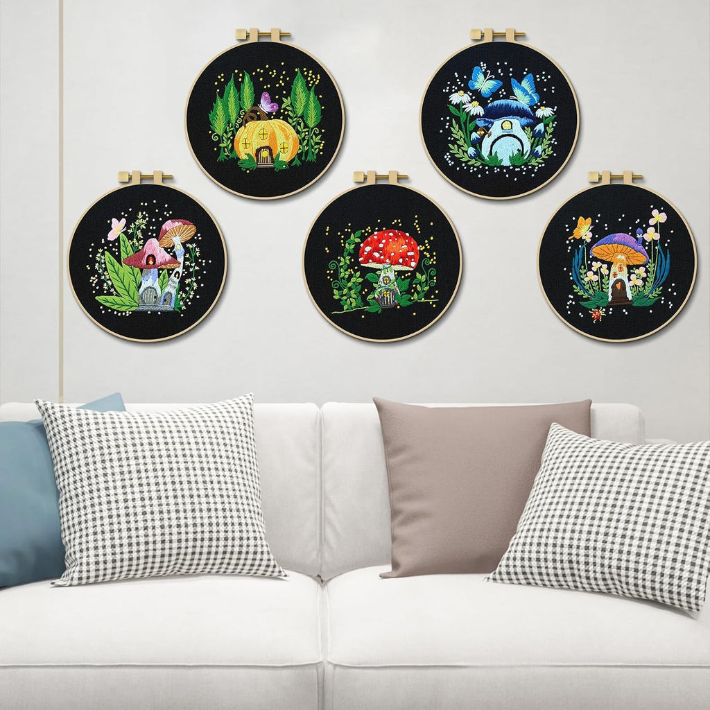 ERKOON 5 Sets Embroidery Kit for Beginners Adult Mushroom Cross Stitch
