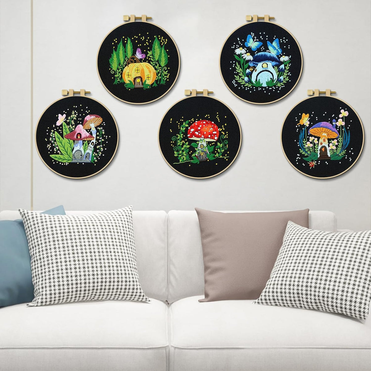 ERKOON 5 Sets Embroidery Kit for Beginners Adult Mushroom Cross Stitch