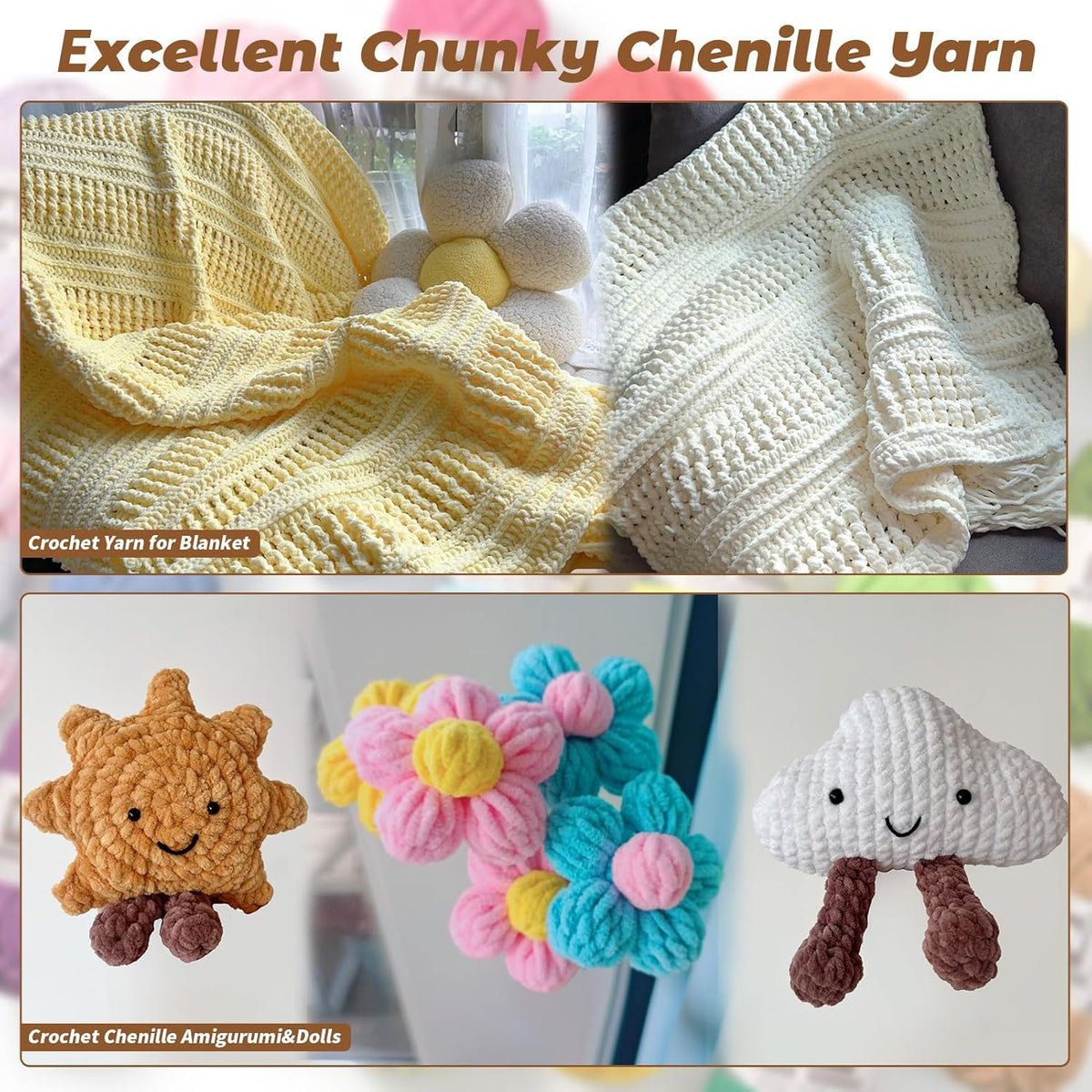 3 Pack Light Pink Fluffy Chunky Chenille Crochet Yarn, Baby Yarn for