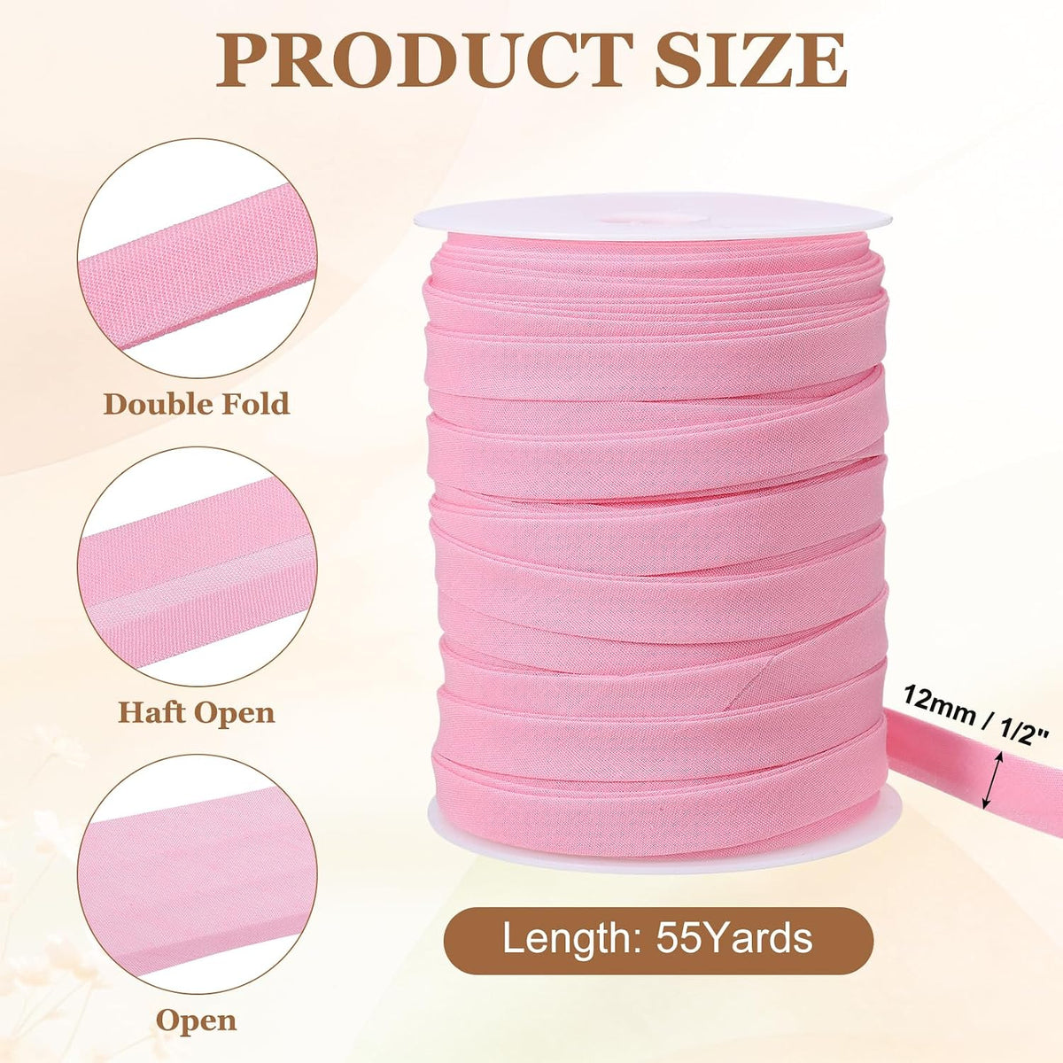 55 Yards 1/2" Bias Tape Double Fold Pre-Fold Bias Binding Tape Pink
