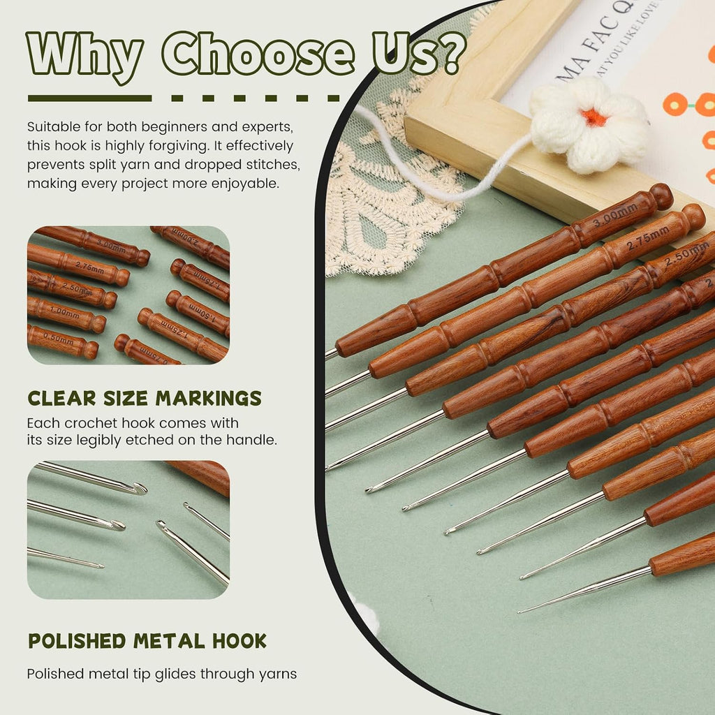 Wuadua 0.5mm Crochet Hook Ergonomic Crochet Hooks with Wooden Handle