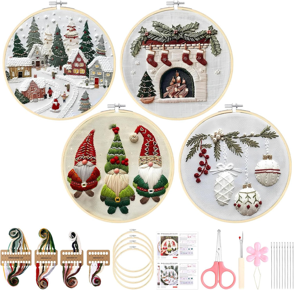 Christmas Embroidery Kit with Four Winter Patterns for Holiday
