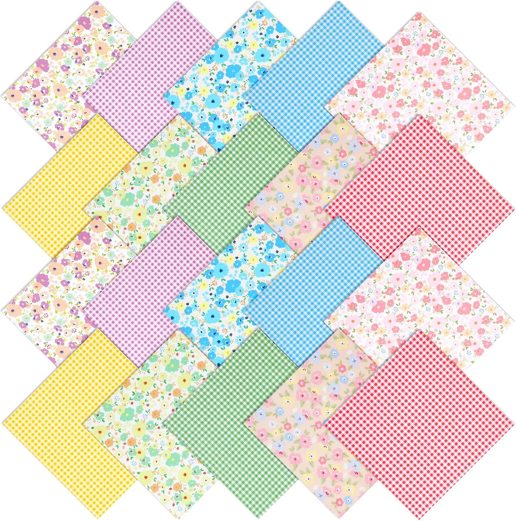 20 Pcs Floral Gingham Quilting Fabric Bundles 20"x20" Spring Flower