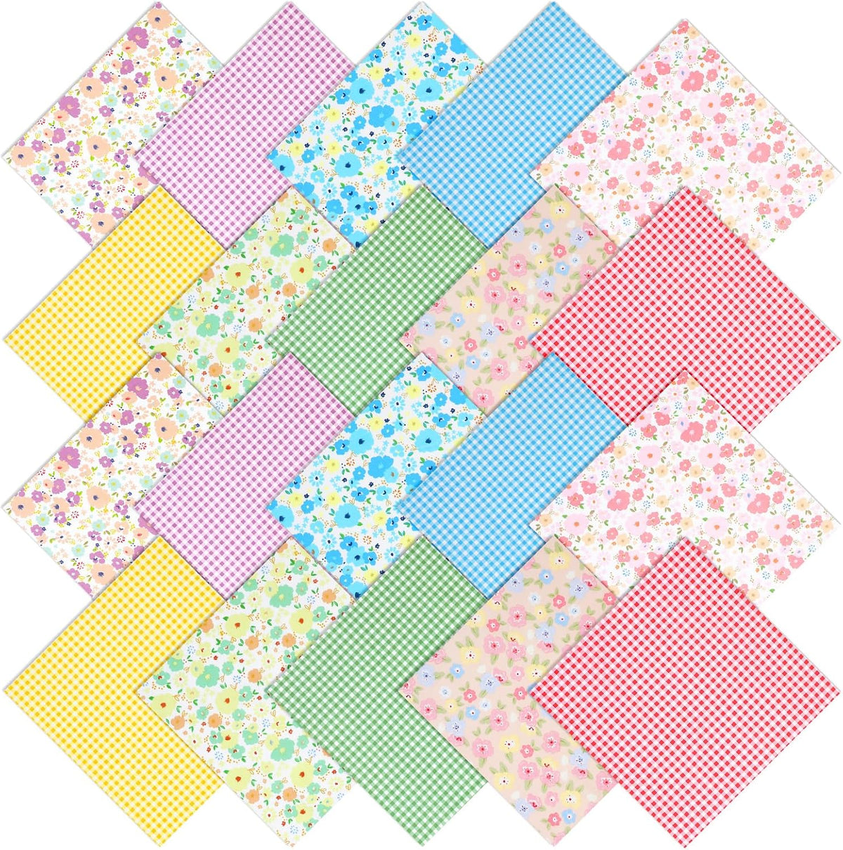 20 Pcs Floral Gingham Quilting Fabric Bundles 20"x20" Spring Flower