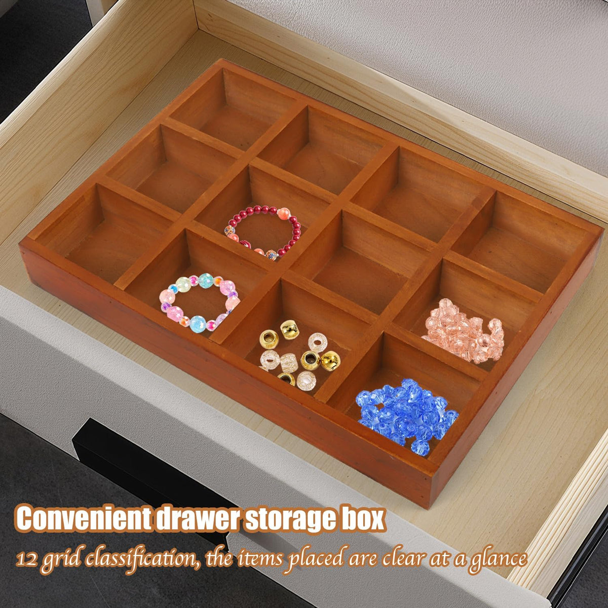Wooden Tray, 2 Pack Wood Drawer Organizer Drawer Organizer 12 Grid