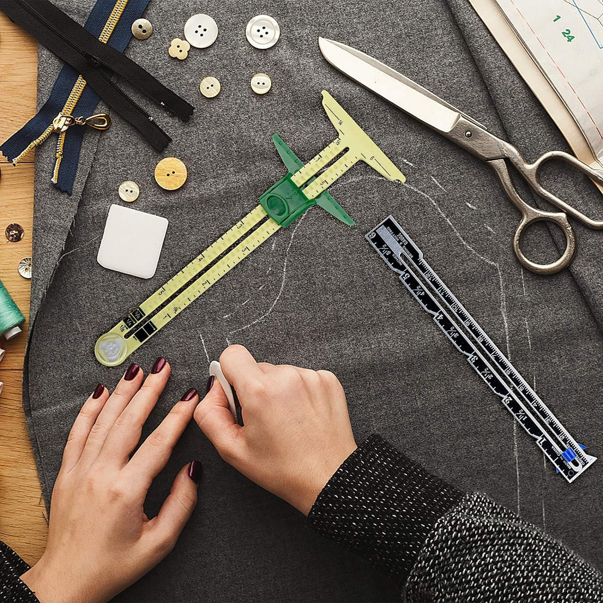 2 Pieces Sliding Gauge Measuring Sewing Tool, 5-in-1 Sliding Gauge