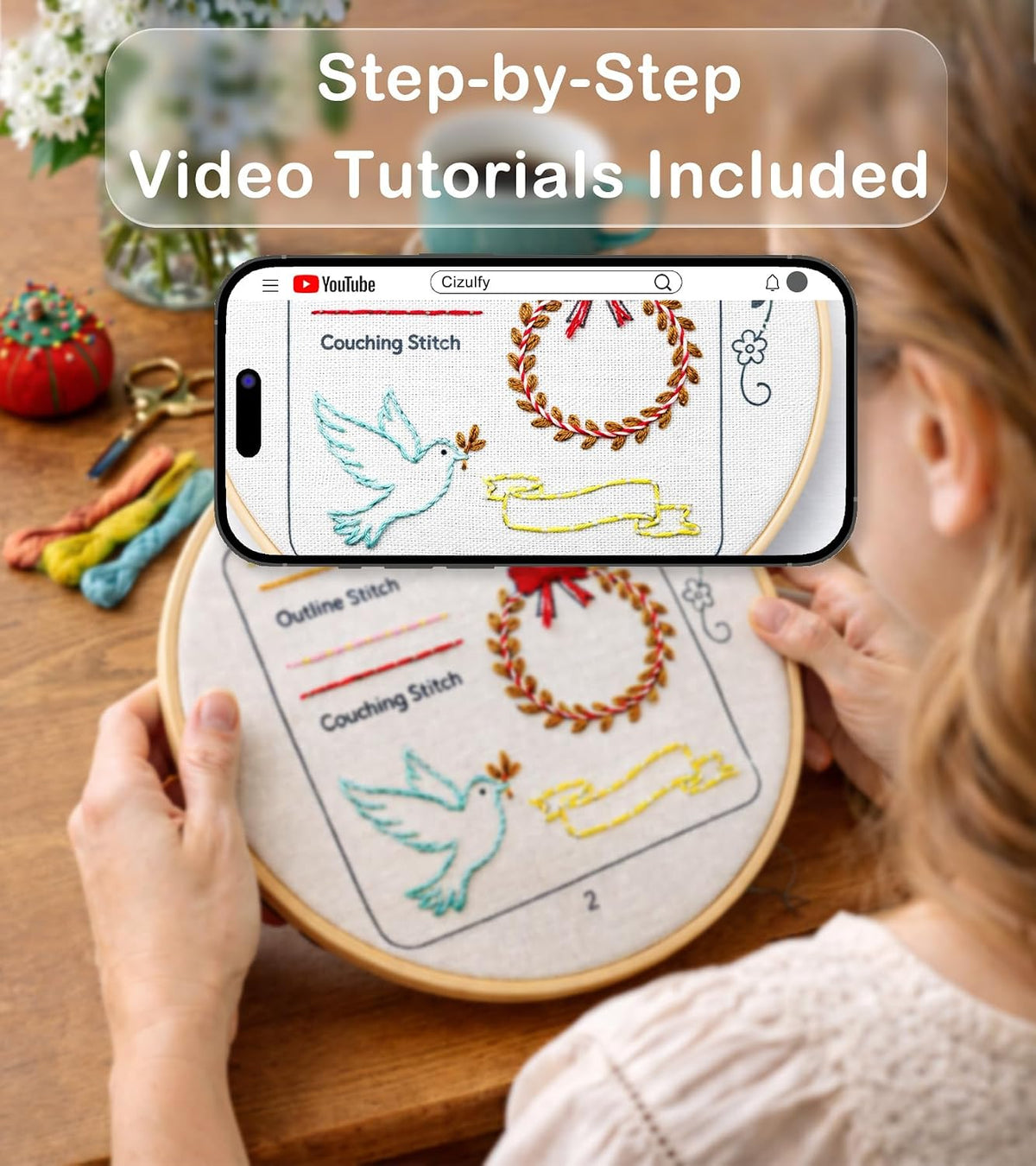 Beginner Embroidery Stitch Book Kit with Portable Canvas Bag for