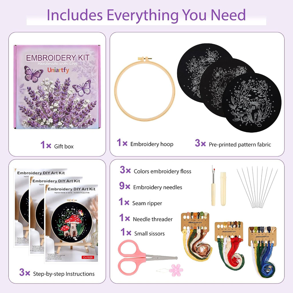 Uniartfy 3 Sets Embroidery Kit for Adults Beginners, Needlepoint Kits