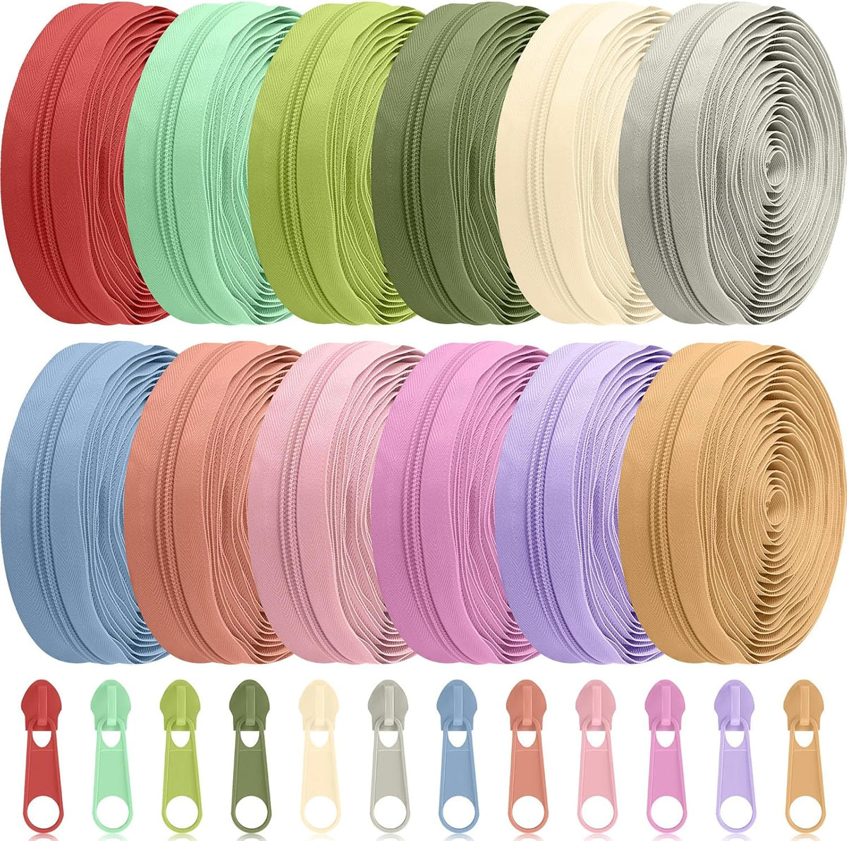 Syhood 12 Pack 36 Yard #5 Zipper Tape by Yard, Pulls, Light Morandi