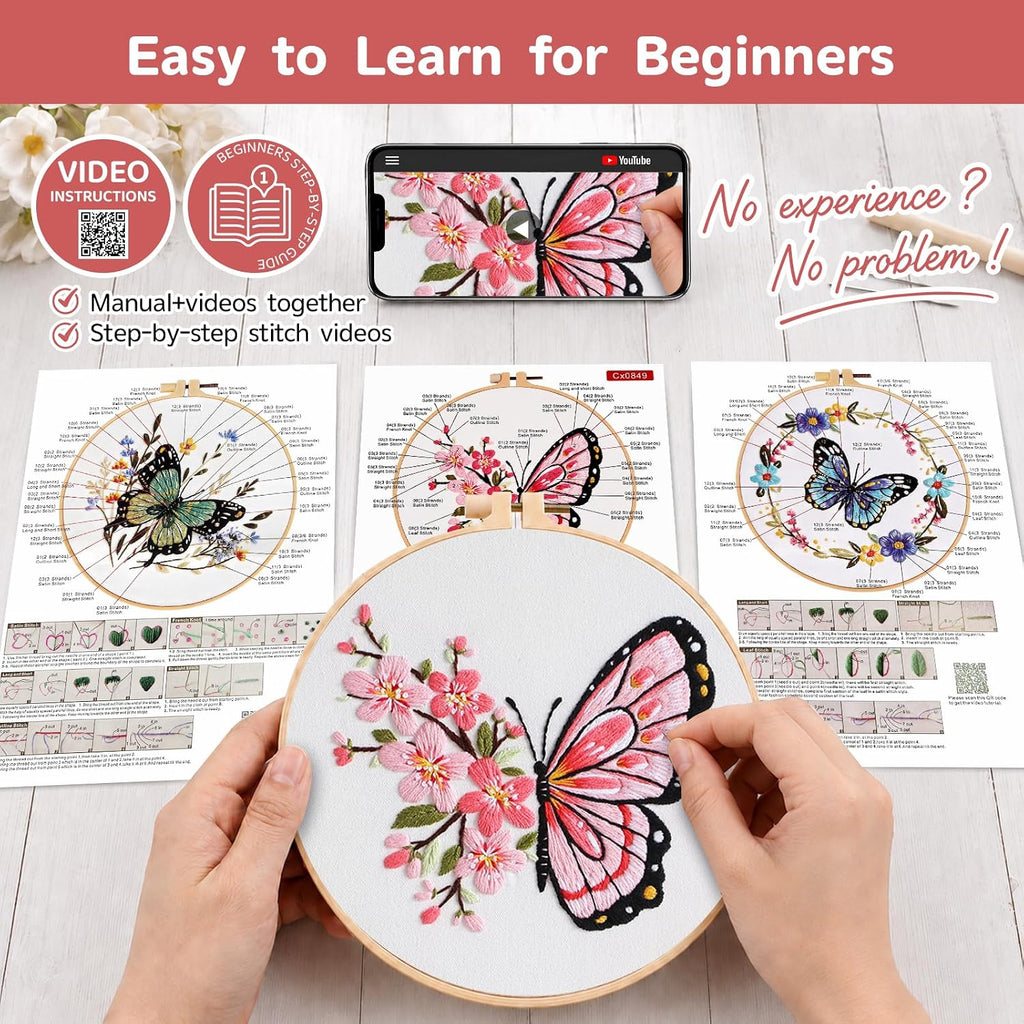 Meyocky Butterfly Flower Embroidery Kit for Beginners with Stitch