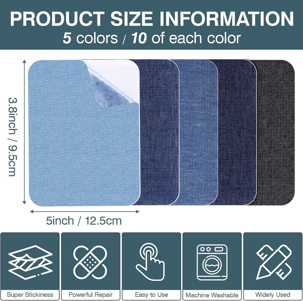 50 PCS 5 Colors Iron on Denim Patches for Inside Jeans,3.8" by 5" Iron