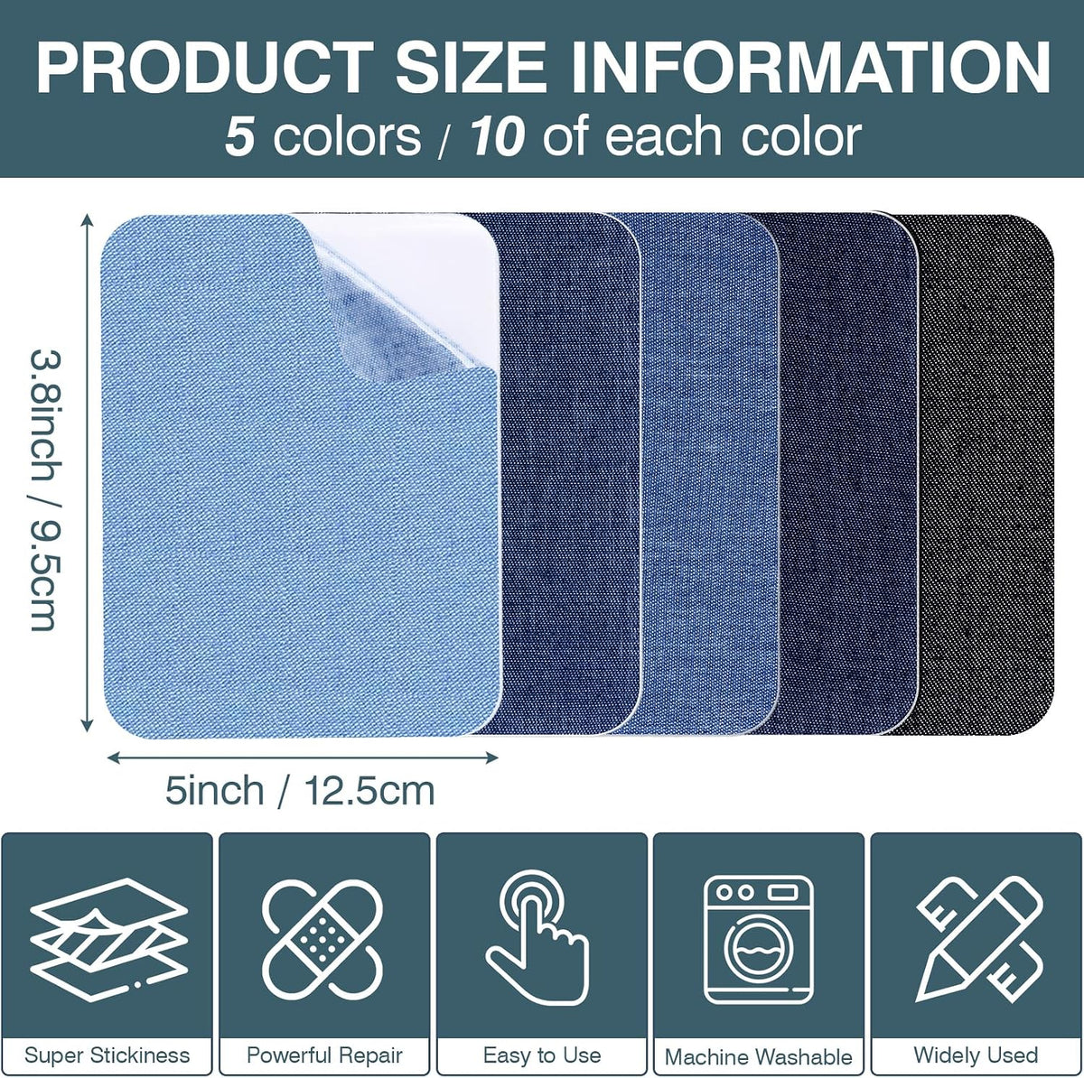 50 PCS 5 Colors Iron on Denim Patches for Inside Jeans,3.8" by 5" Iron