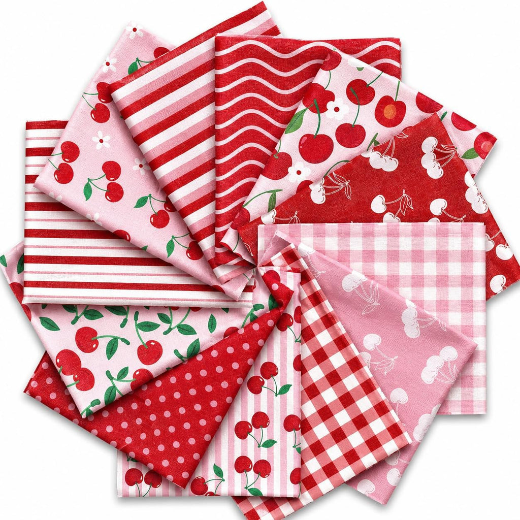 Whaline 12Pcs Cherry Fabric Squares Cherry Flower Stripe Plaid Dot