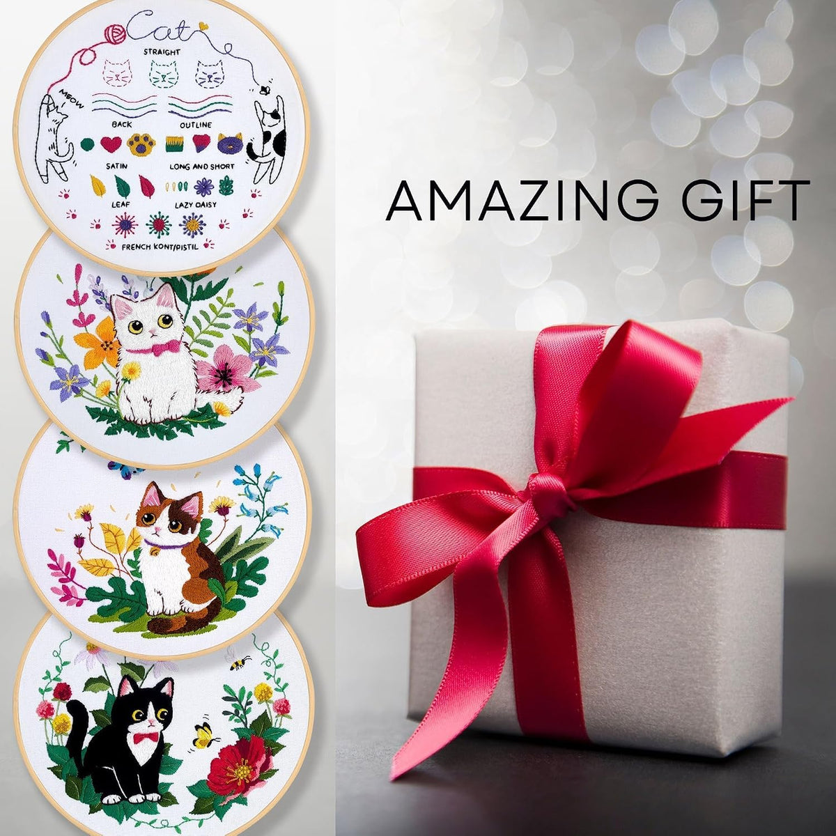 4-Piece Cat Embroidery Kit for Beginners, Needle Point Kit Adults