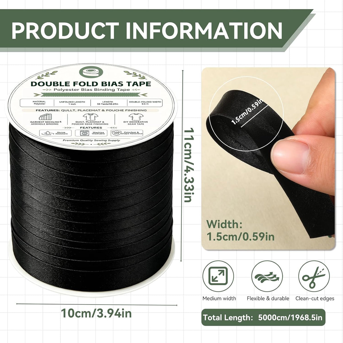 55 Yds 1/2 Inch Double Fold Bias Tape for Sewing Seam Binding Black