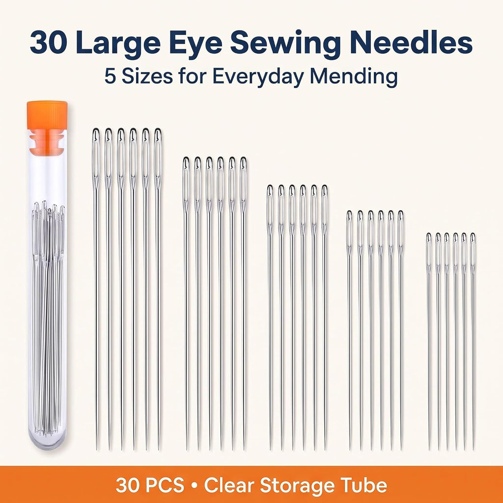 30 Pcs Stainless Steel Large Eye Sewing Needles, Sewing Sharp Needles