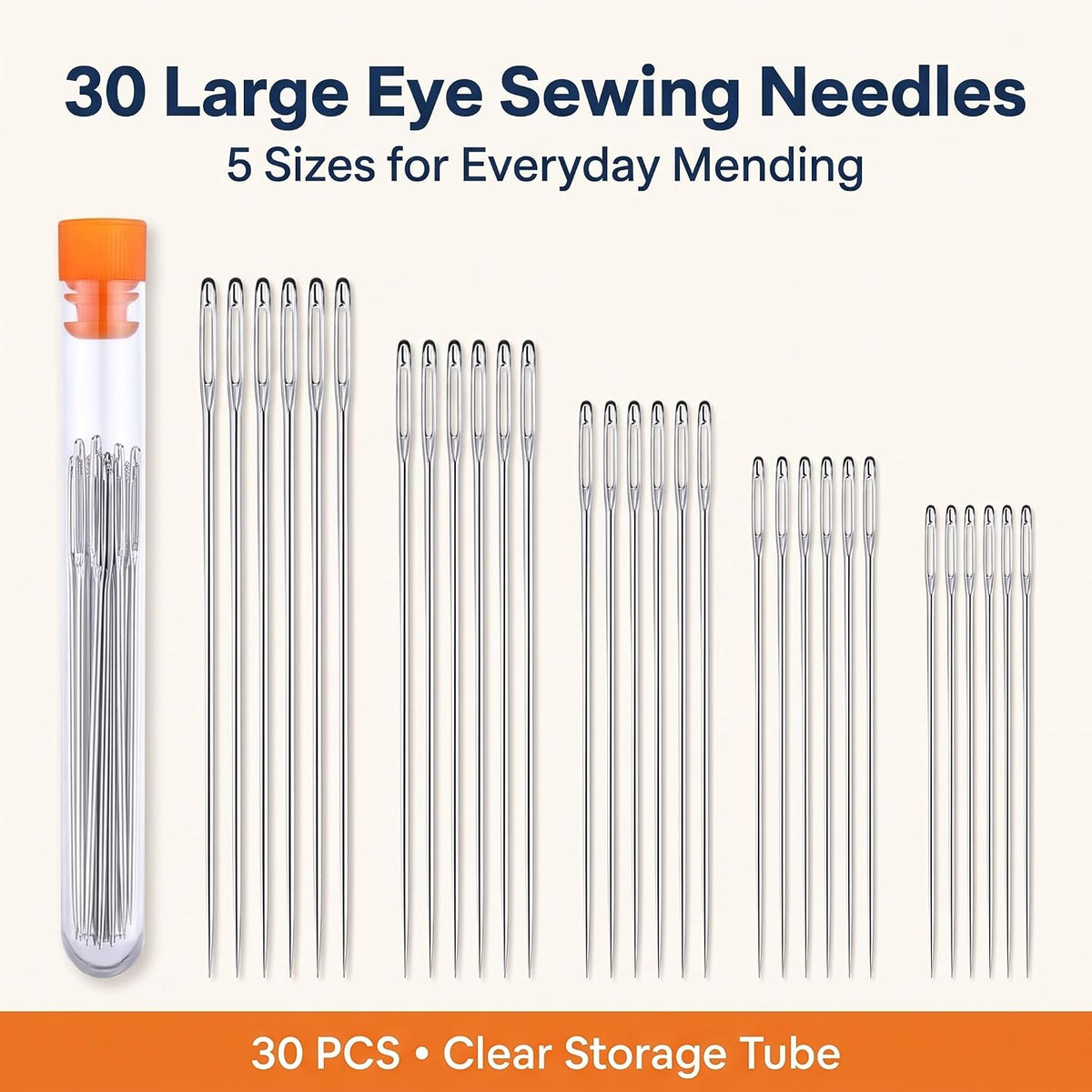 30 Pcs Stainless Steel Large Eye Sewing Needles, Sewing Sharp Needles